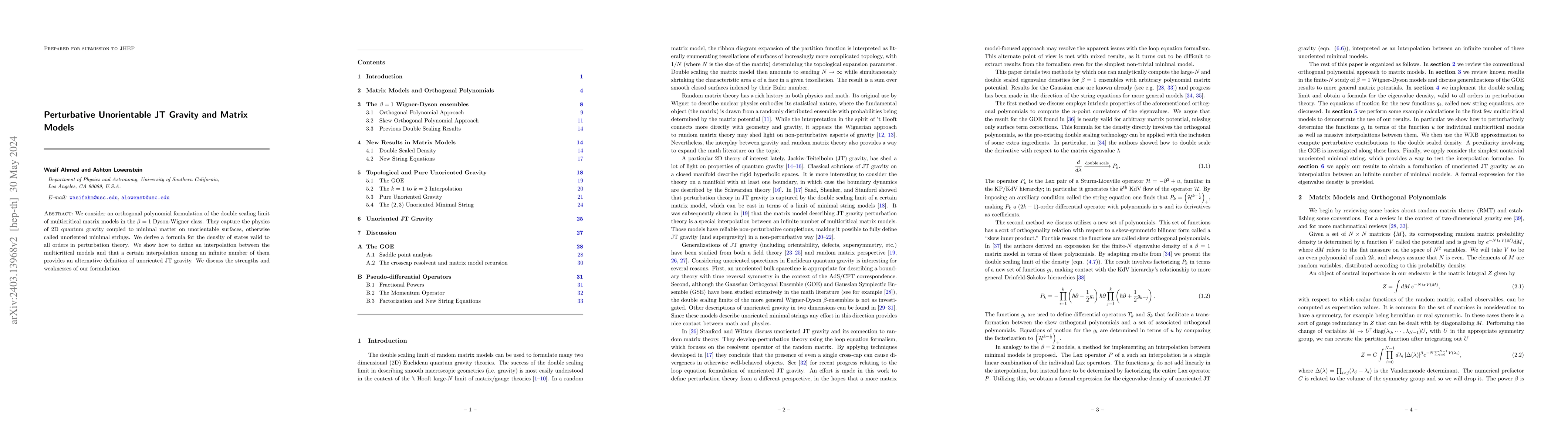 Thumbnail for Perturbative Unorientable JT Gravity and Matrix Models