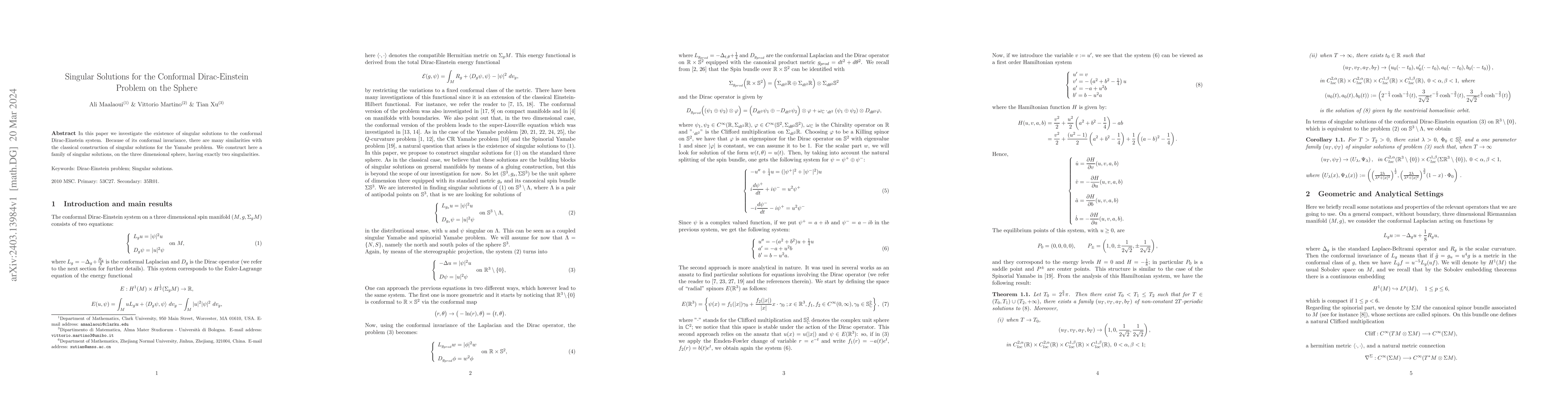 Thumbnail for Singular Solutions for the Conformal Dirac-Einstein Problem on the
  Sphere