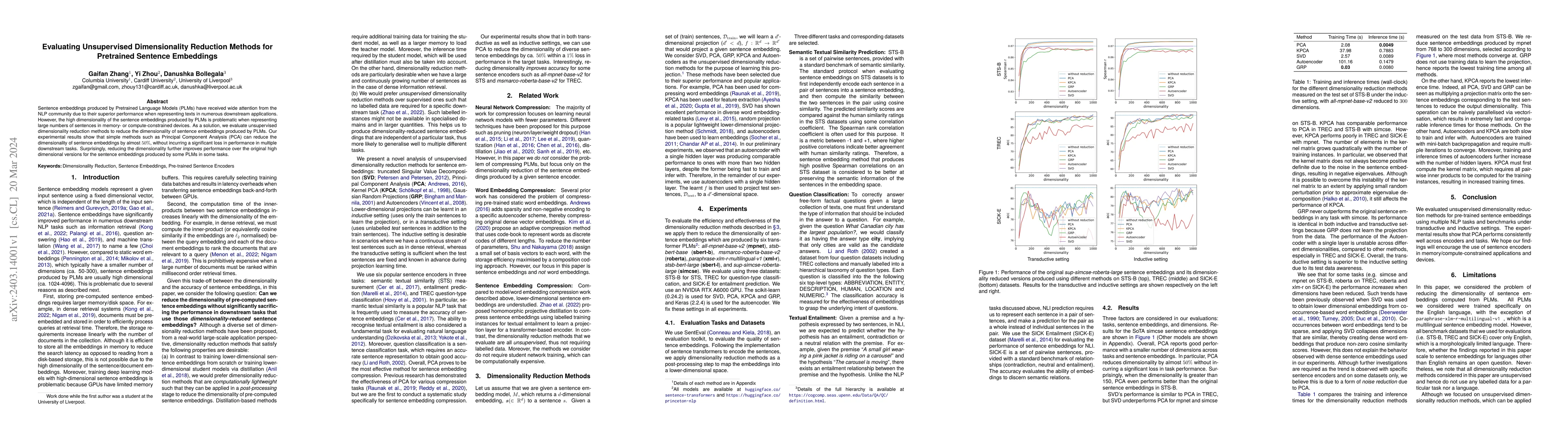 Thumbnail for Evaluating Unsupervised Dimensionality Reduction Methods for Pretrained
  Sentence Embeddings