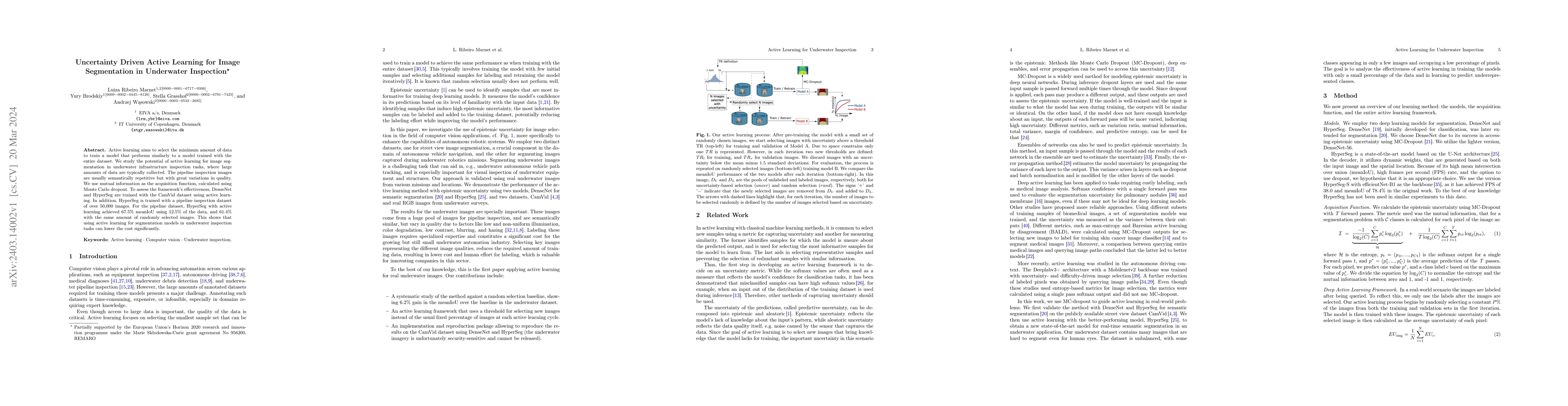 Thumbnail for Uncertainty Driven Active Learning for Image Segmentation in Underwater
  Inspection