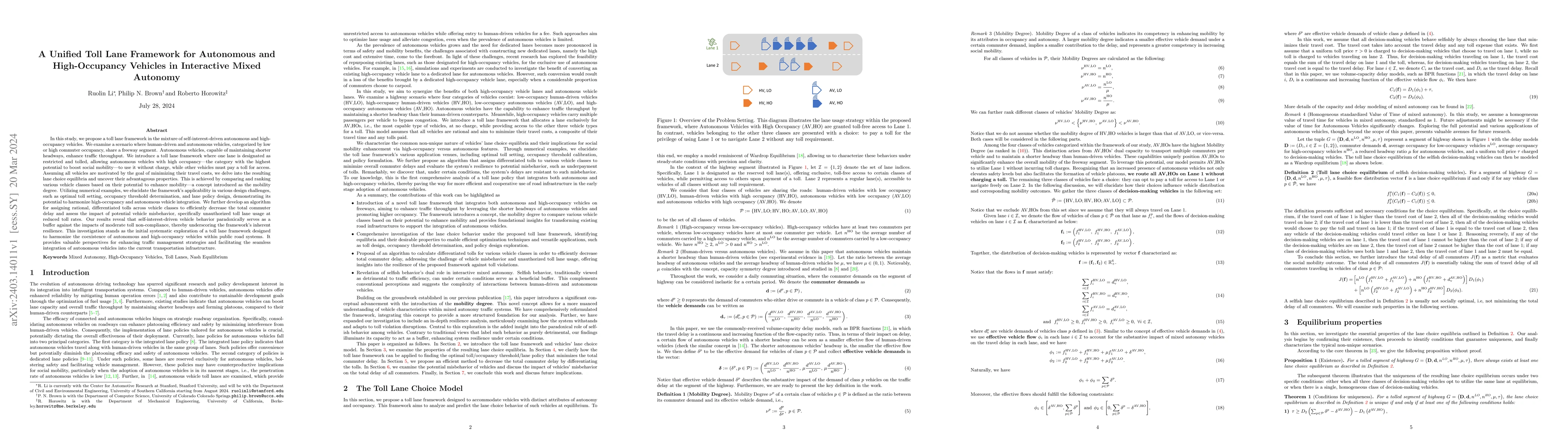 Thumbnail for A Unified Toll Lane Framework for Autonomous and High-Occupancy Vehicles
  in Interactive Mixed Autonomy