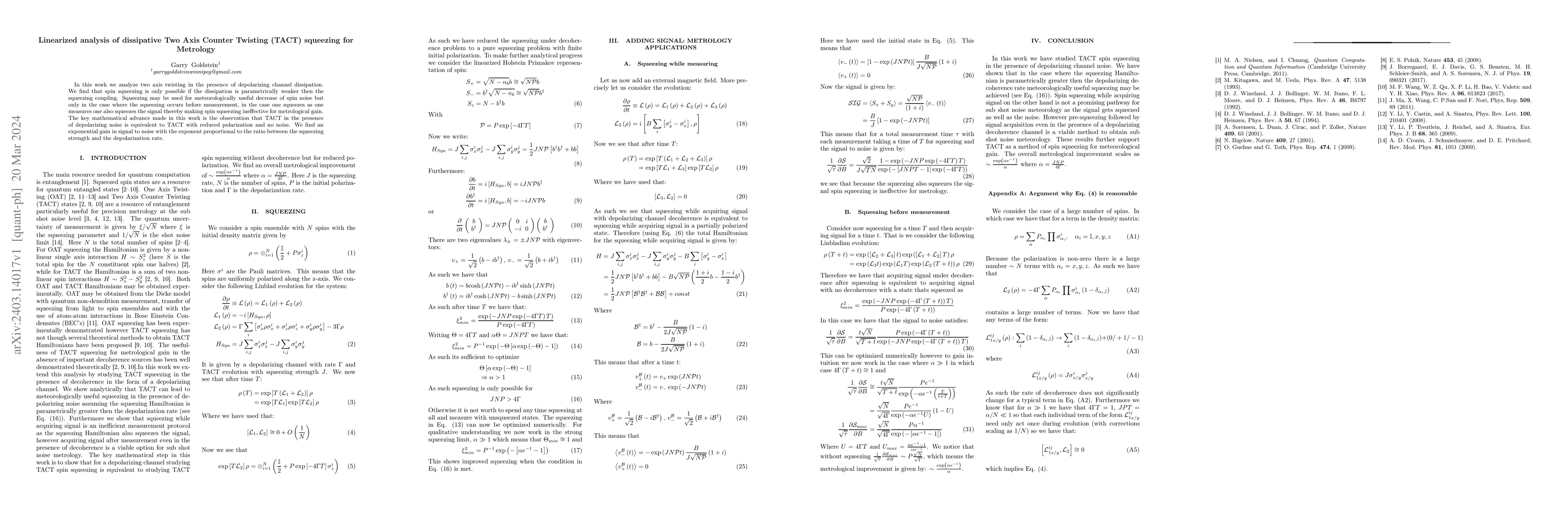 Thumbnail for Linearized analysis of dissipative Two Axis Counter Twisting (TACT)
  squeezing for Metrology