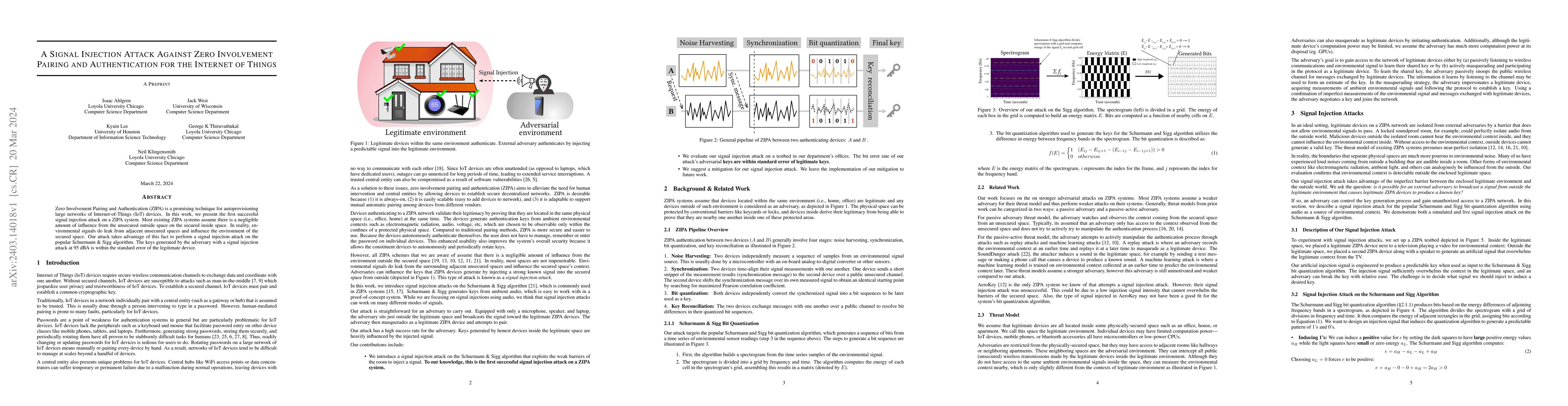 Thumbnail for A Signal Injection Attack Against Zero Involvement Pairing and
  Authentication for the Internet of Things