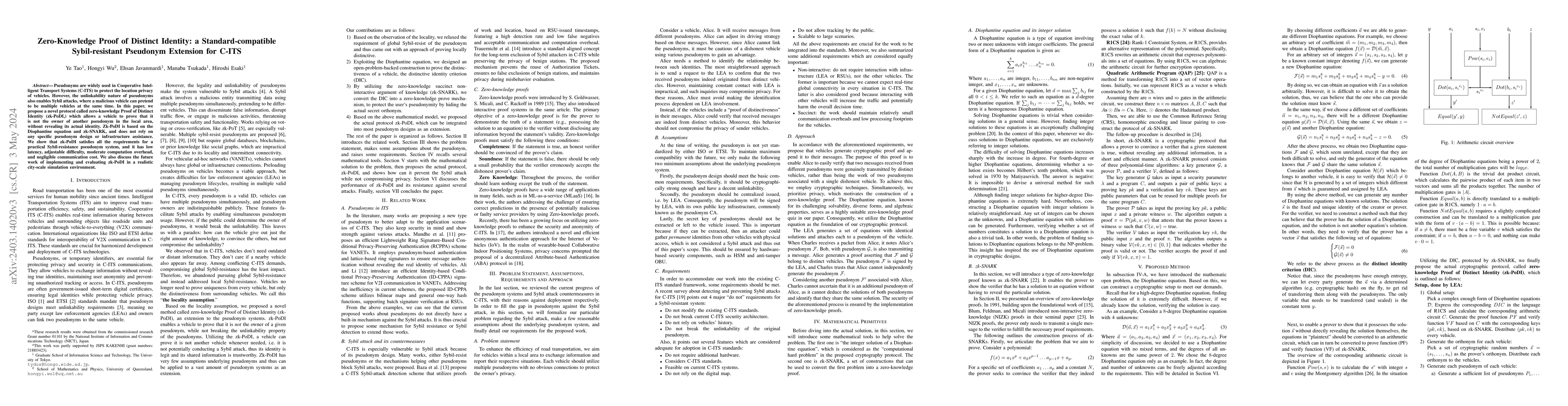 Thumbnail for Zero-Knowledge Proof of Distinct Identity: a Standard-compatible
  Sybil-resistant Pseudonym Extension for C-ITS