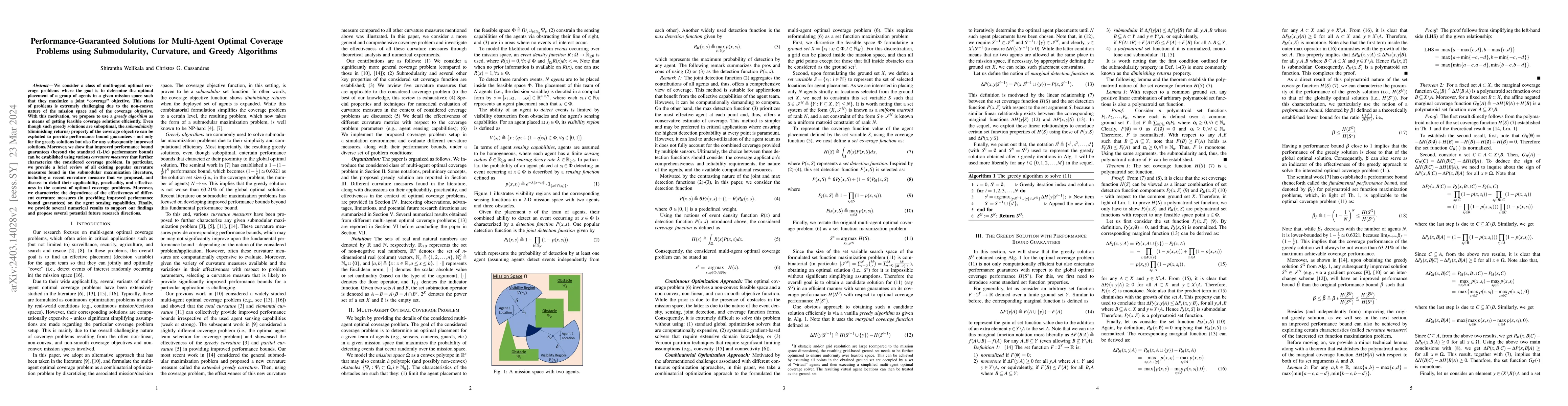 Thumbnail for Performance-Guaranteed Solutions for Multi-Agent Optimal Coverage
  Problems using Submodularity, Curvature, and Greedy Algorithms