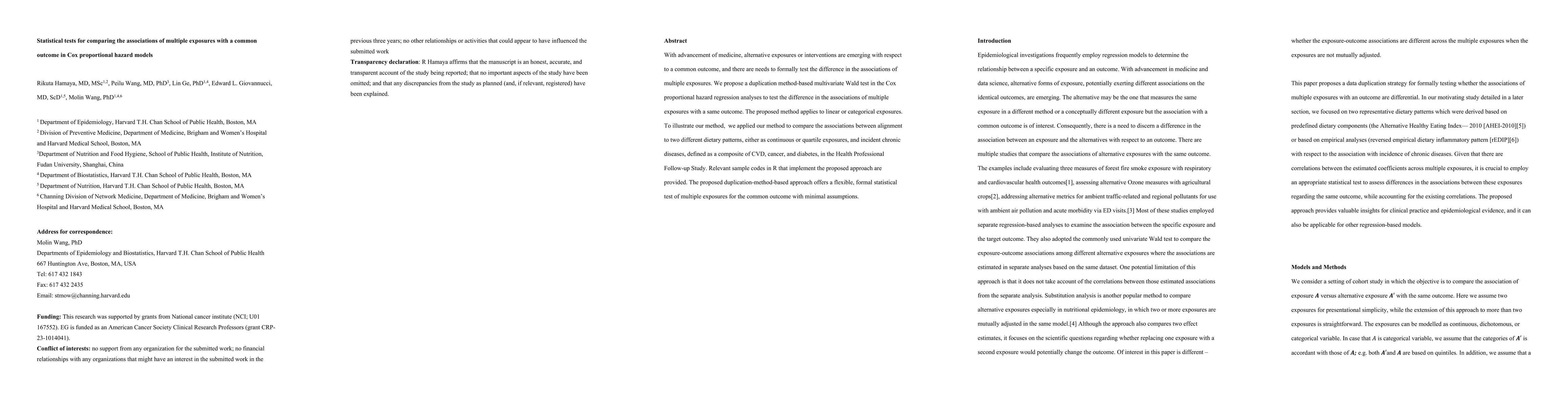 Thumbnail for Statistical tests for comparing the associations of multiple exposures
  with a common outcome in Cox proportional hazard models