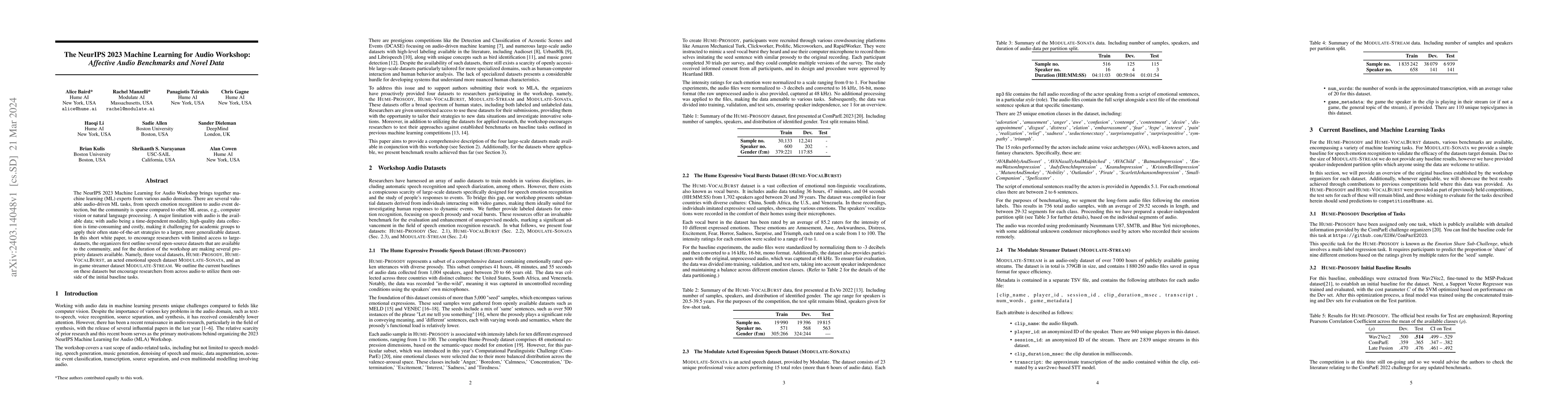 Thumbnail for The NeurIPS 2023 Machine Learning for Audio Workshop: Affective Audio
  Benchmarks and Novel Data