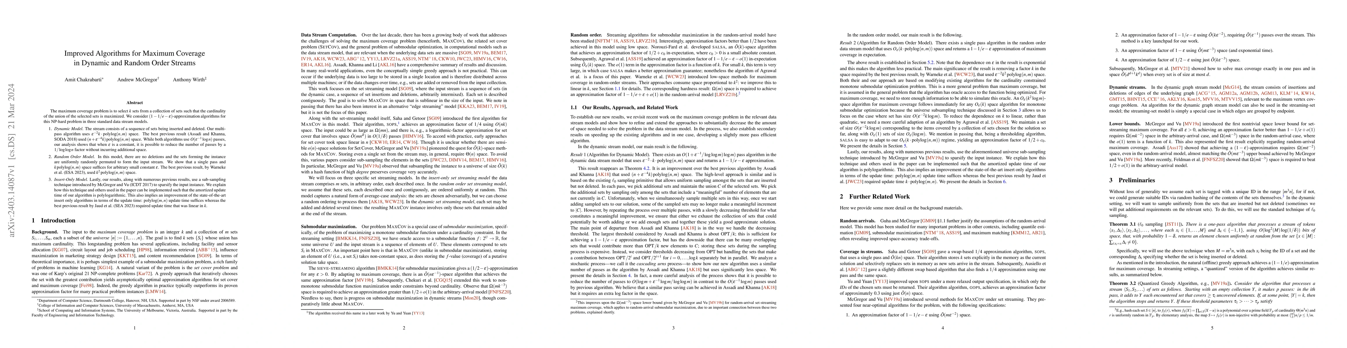 Thumbnail for Improved Algorithms for Maximum Coverage in Dynamic and Random Order
  Streams