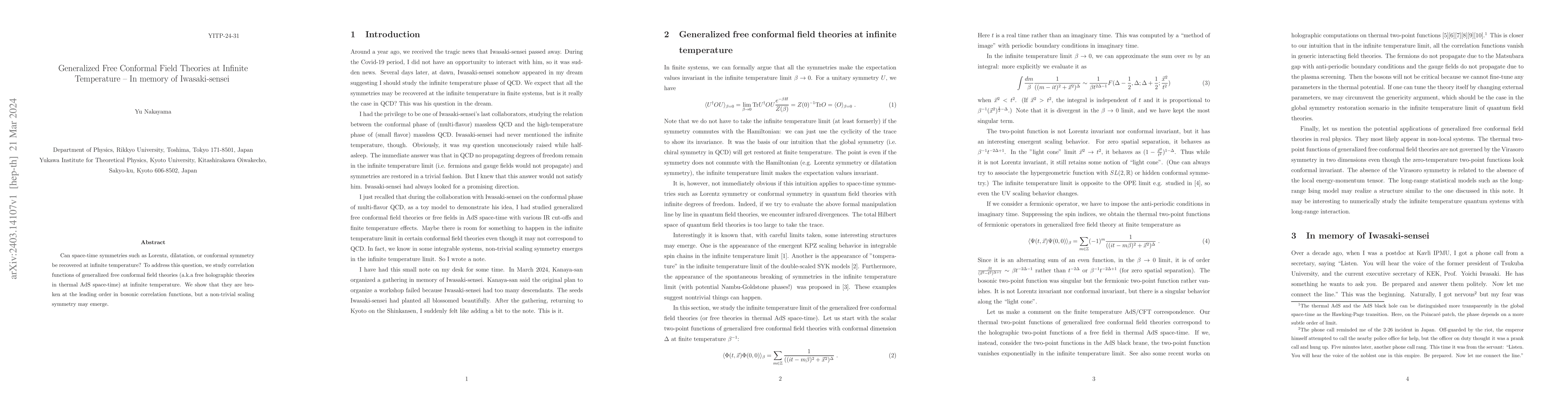 Thumbnail for Generalized Free Conformal Field Theories at Infinite Temperature -- In
  memory of Iwasaki-sensei