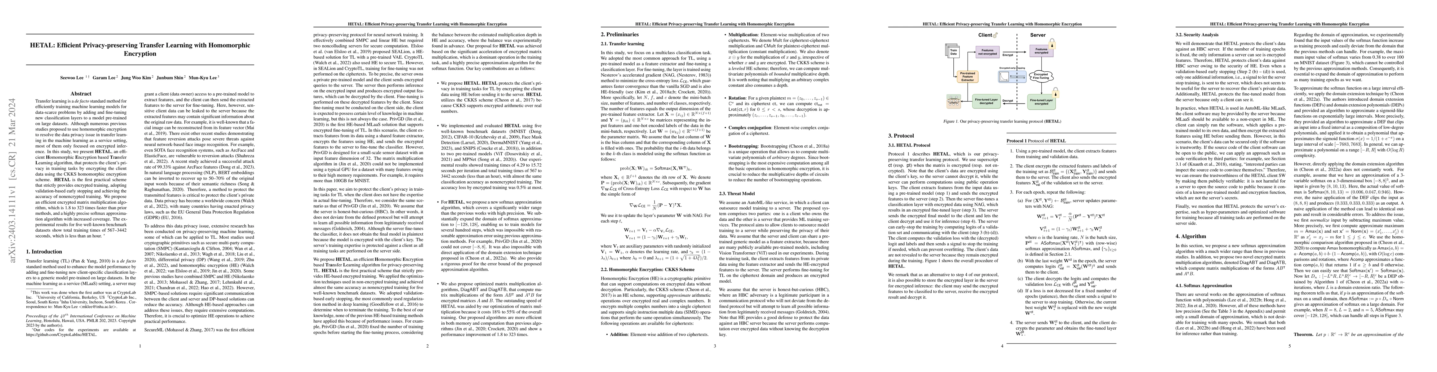 Thumbnail for HETAL: Efficient Privacy-preserving Transfer Learning with Homomorphic
  Encryption