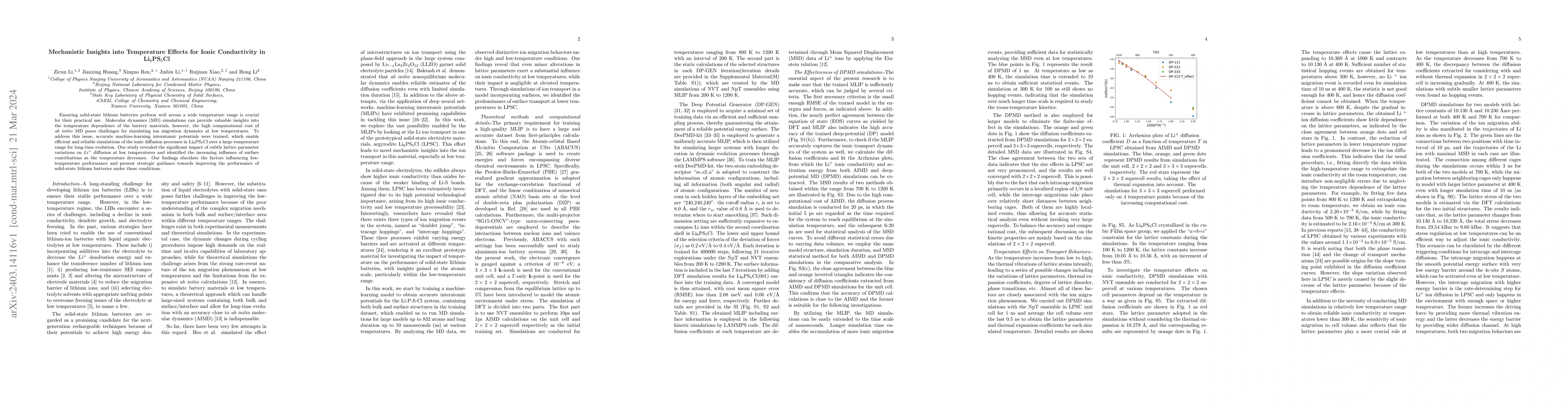 Thumbnail for Mechanistic Insights into Temperature Effects for Ionic Conductivity in
  Li6PS5Cl