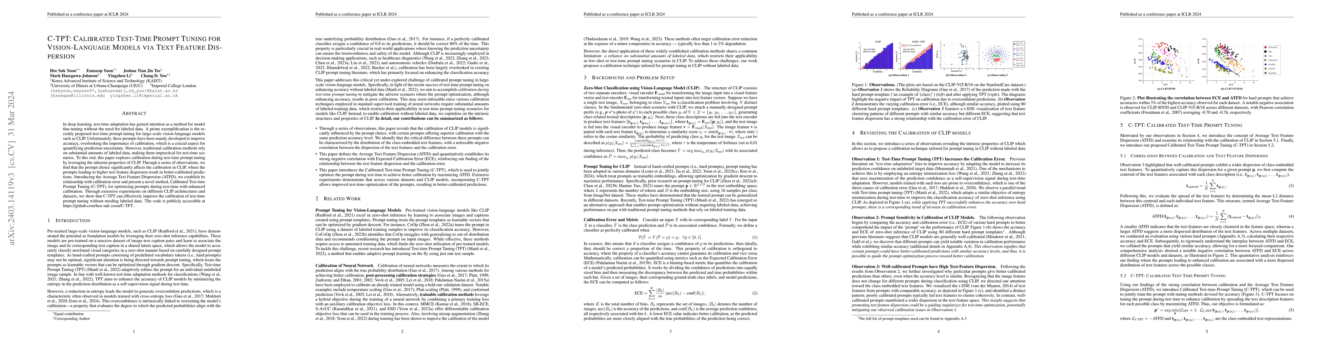 Thumbnail for C-TPT: Calibrated Test-Time Prompt Tuning for Vision-Language Models via
  Text Feature Dispersion
