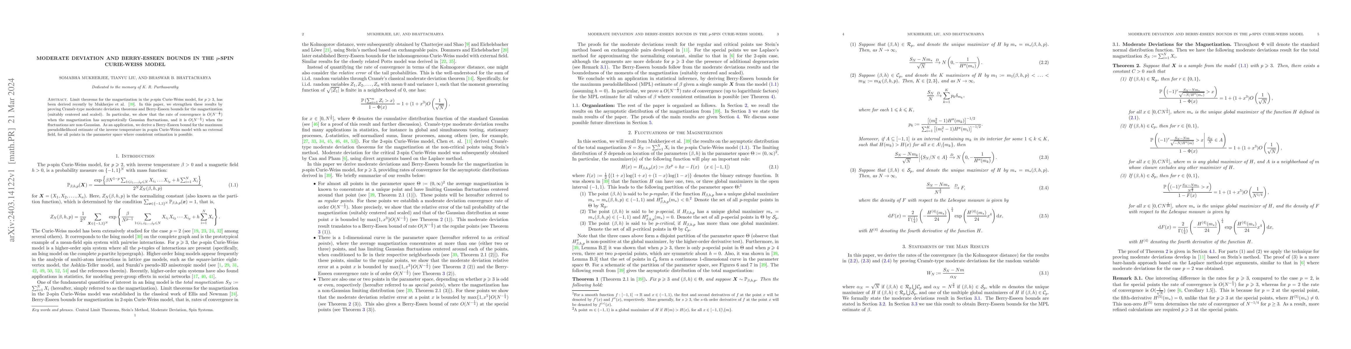 Thumbnail for Moderate Deviation and Berry-Esseen Bounds in the $p$-Spin Curie-Weiss
  Model