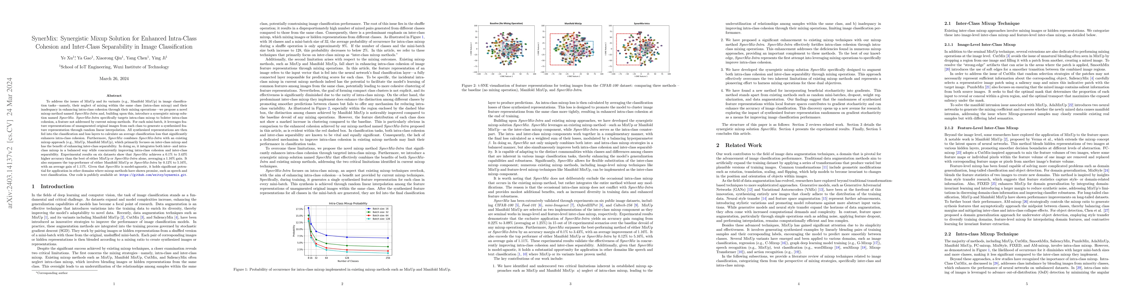 Thumbnail for SynerMix: Synergistic Mixup Solution for Enhanced Intra-Class Cohesion
  and Inter-Class Separability in Image Classification