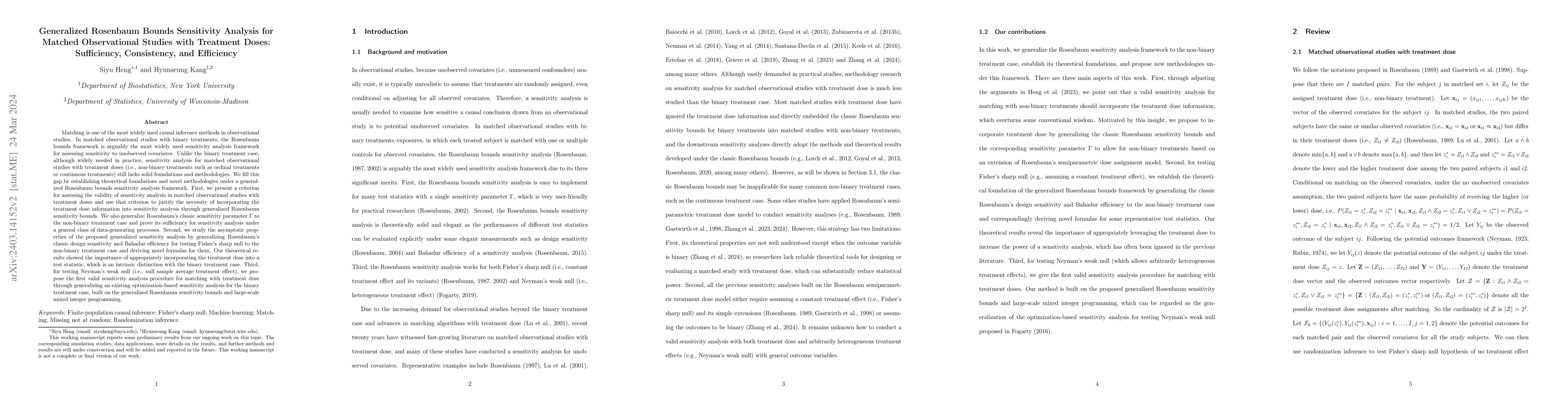 Thumbnail for Generalized Rosenbaum Bounds Sensitivity Analysis for Matched
  Observational Studies with Treatment Doses: Sufficiency, Consistency, and
  Efficiency