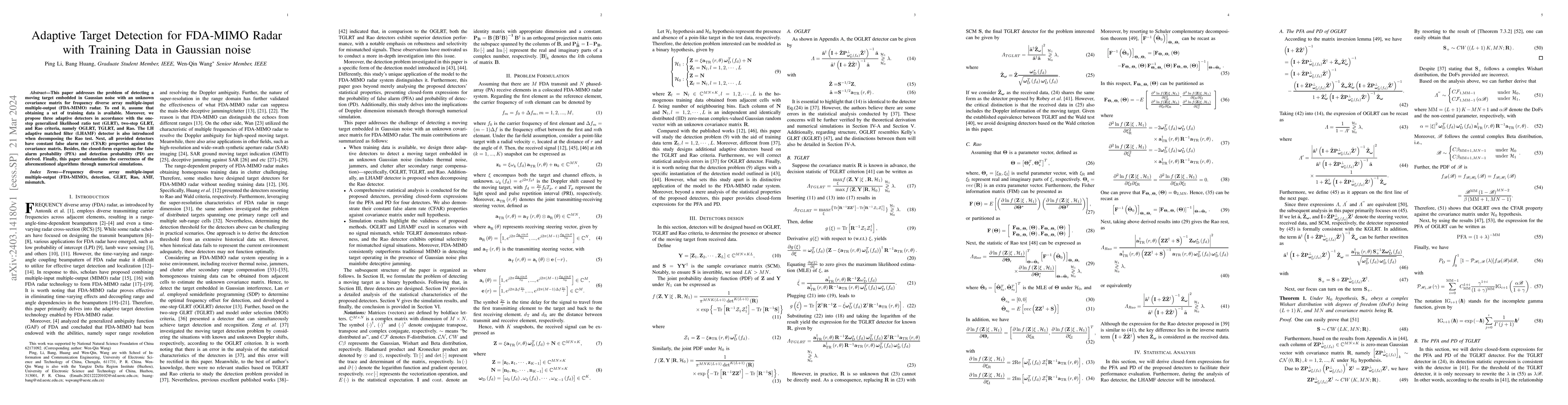 Thumbnail for Adaptive Target Detection for FDA-MIMO Radar with Training Data in
  Gaussian noise