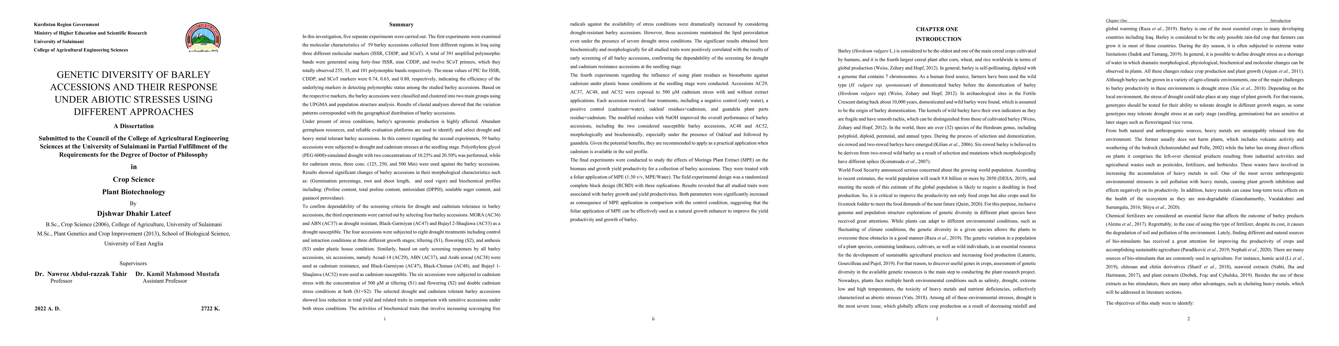 Thumbnail for Genetic diversity of barley accessions and their response under abiotic
  stresses using different approaches