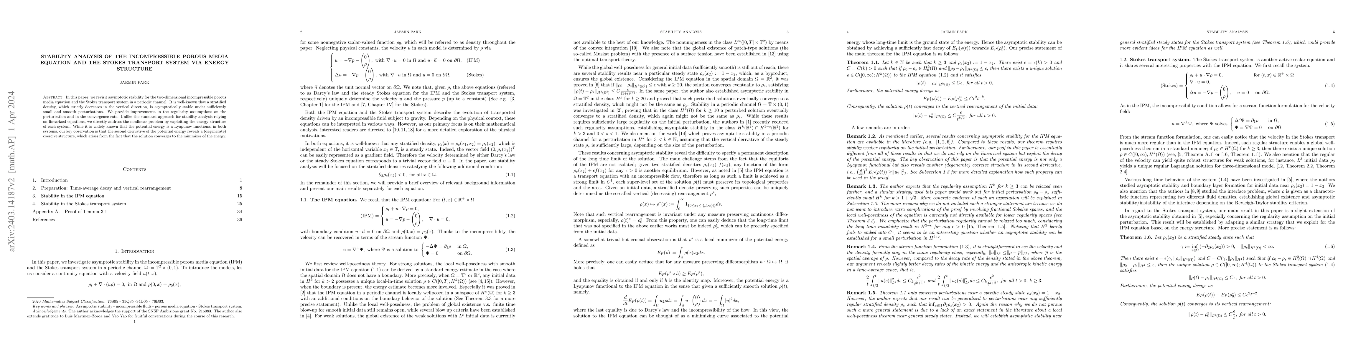 Thumbnail for Stability analysis of the incompressible porous media equation and the
  Stokes transport system via energy structure
