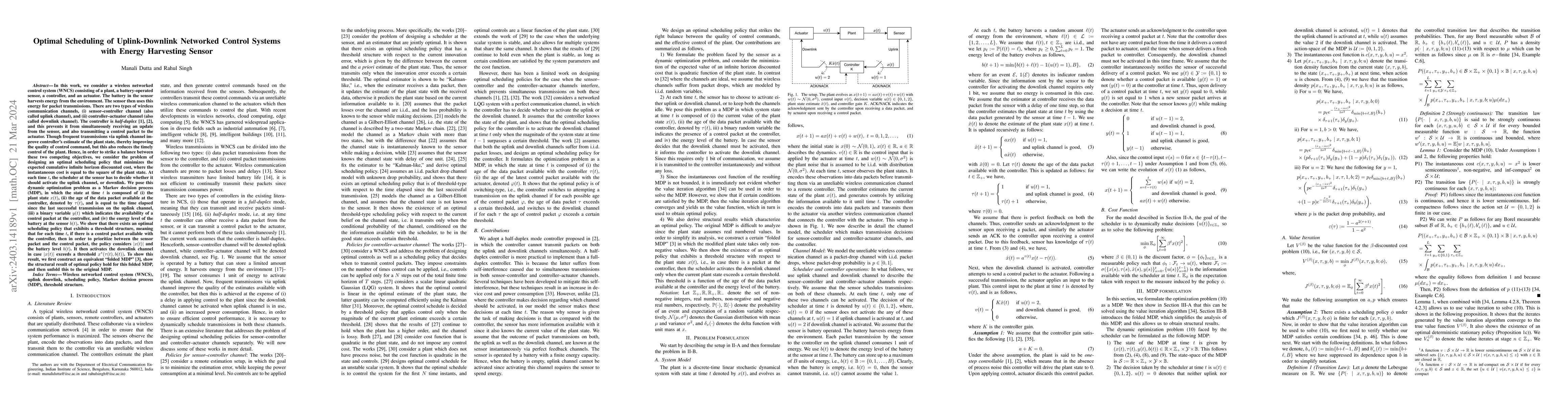 Thumbnail for Optimal Scheduling of Uplink-Downlink Networked Control Systems with
  Energy Harvesting Sensor