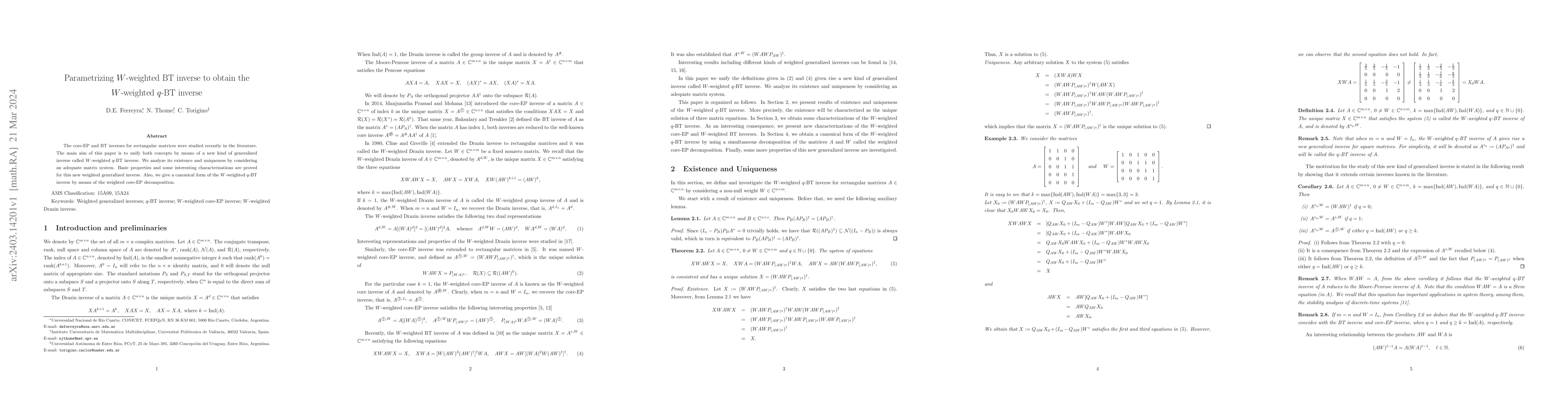 Thumbnail for Parametrizing $W$-weighted BT inverse to obtain the $W$-weighted $q$-BT
  inverse
