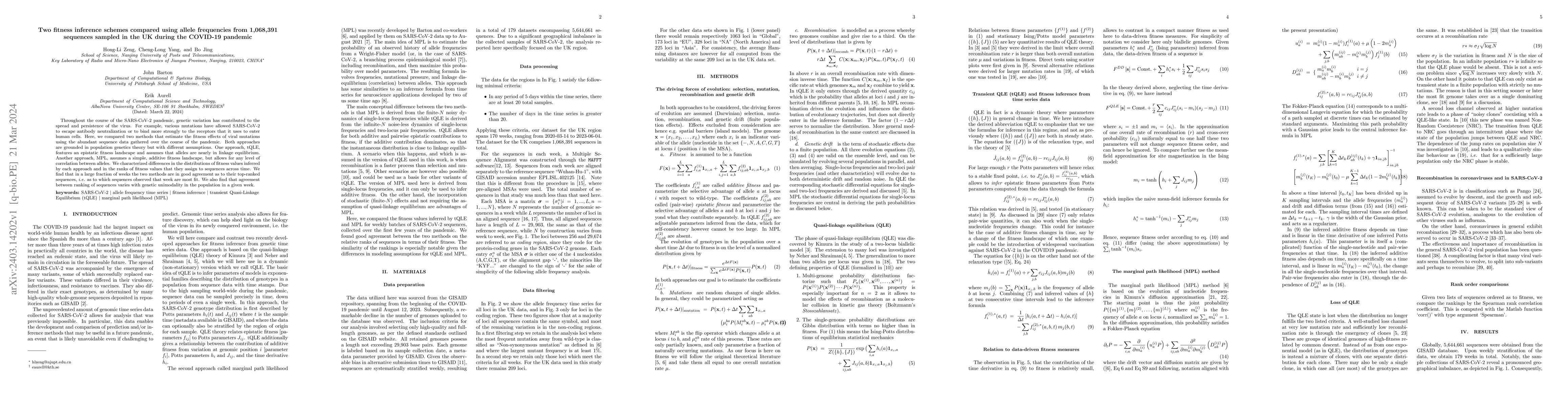 Thumbnail for Two fitness inference schemes compared using allele frequencies from
  1,068,391 sequences sampled in the UK during the COVID-19 pandemic