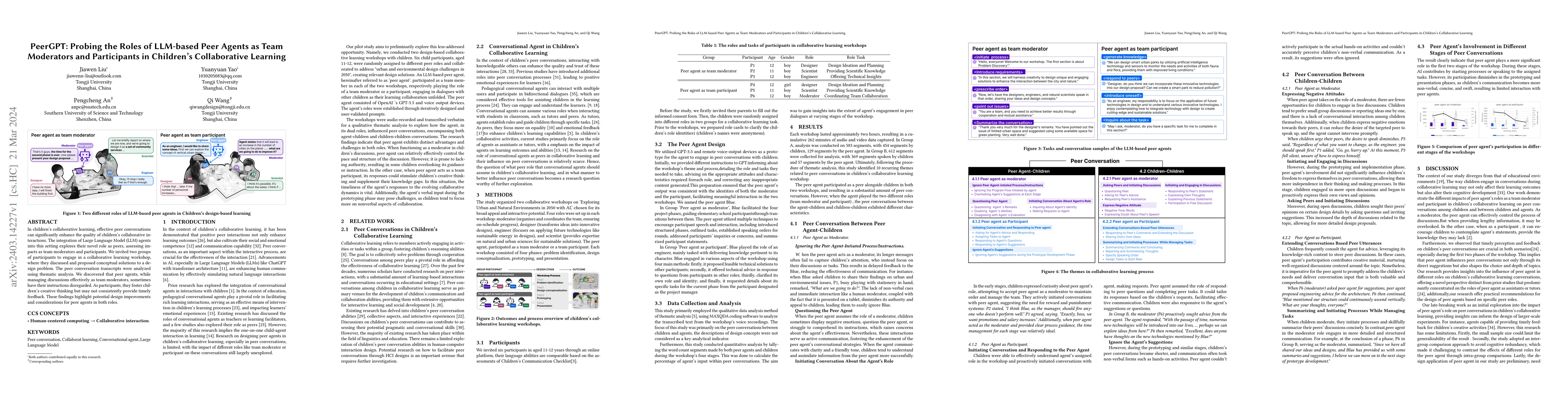 Thumbnail for PeerGPT: Probing the Roles of LLM-based Peer Agents as Team Moderators
  and Participants in Children's Collaborative Learning