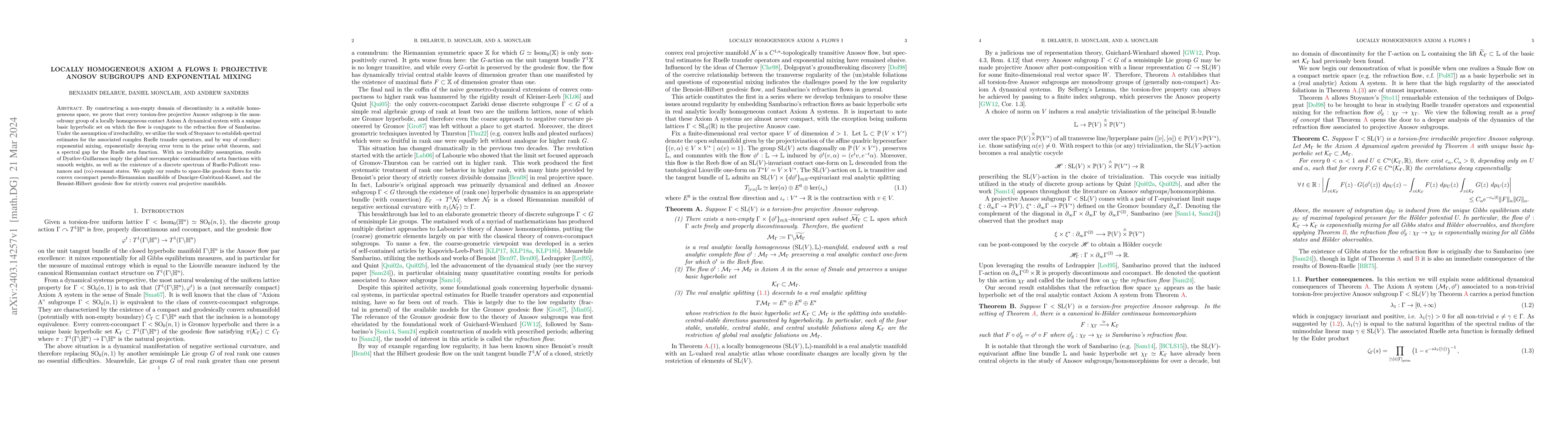 Thumbnail for Locally homogeneous Axiom A flows I: projective Anosov subgroups and
  exponential mixing
