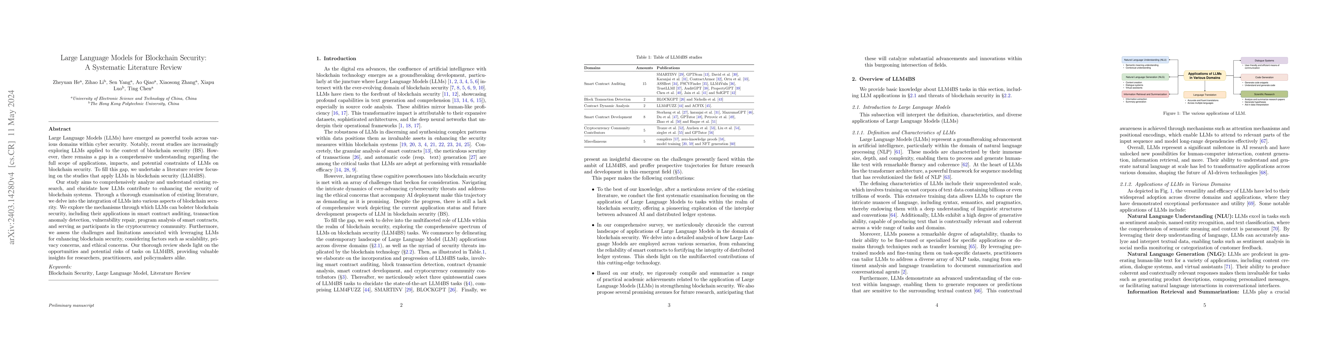 Thumbnail for Large Language Models for Blockchain Security: A Systematic Literature
  Review
