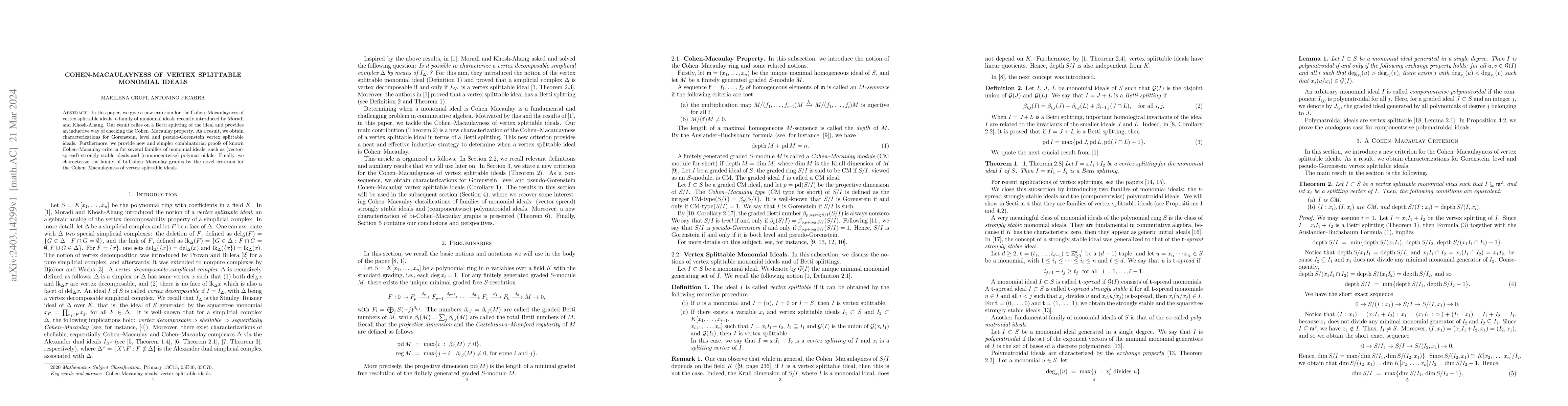 Thumbnail for Cohen-Macaulayness of vertex splittable monomial ideals
