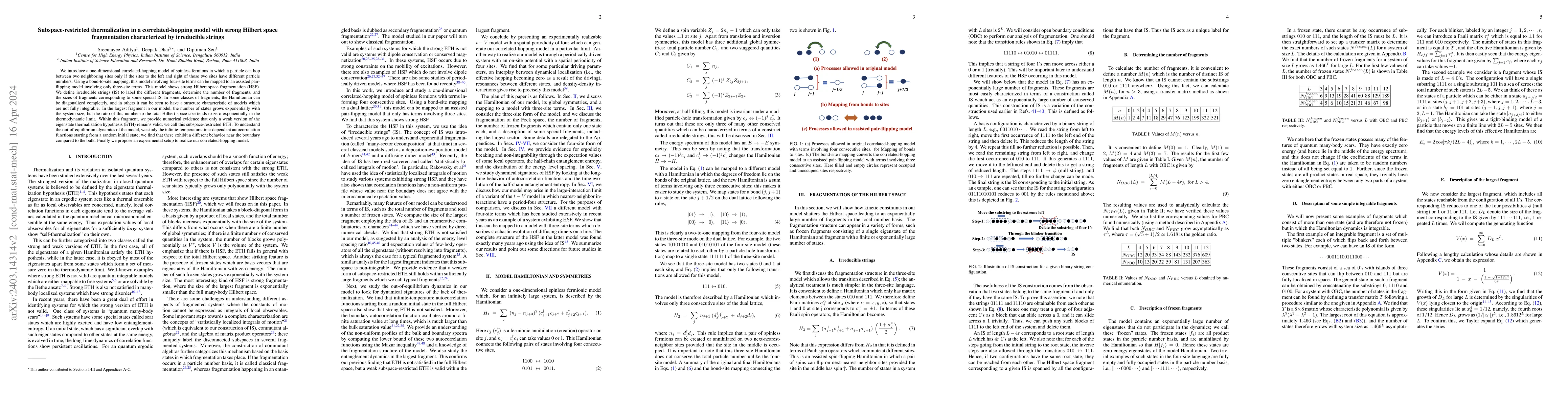 Thumbnail for Subspace restricted thermalization in a correlated-hopping model with
  strong Hilbert space fragmentation characterized by irreducible strings