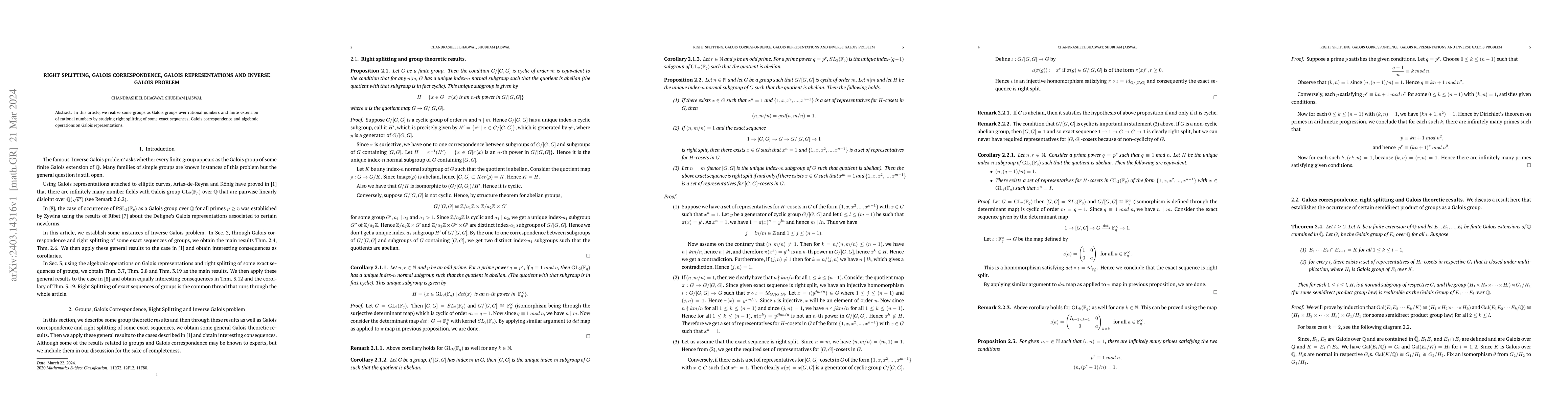 Thumbnail for Right Splitting, Galois Correspondence, Galois Representations and
  Inverse Galois Problem