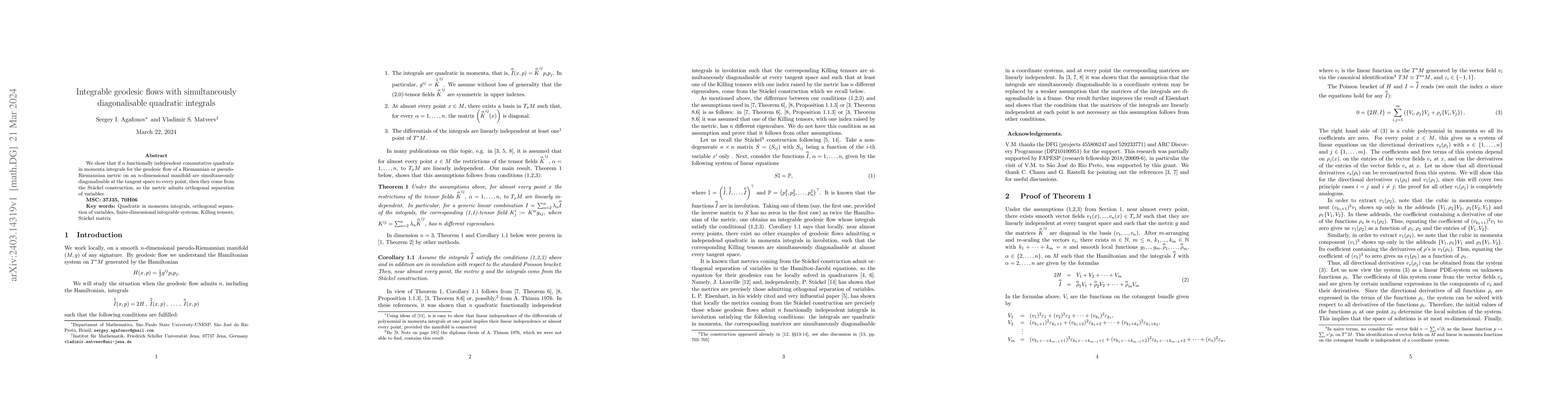 Thumbnail for Integrable geodesic flows with simultaneously diagonalisable quadratic
  integrals