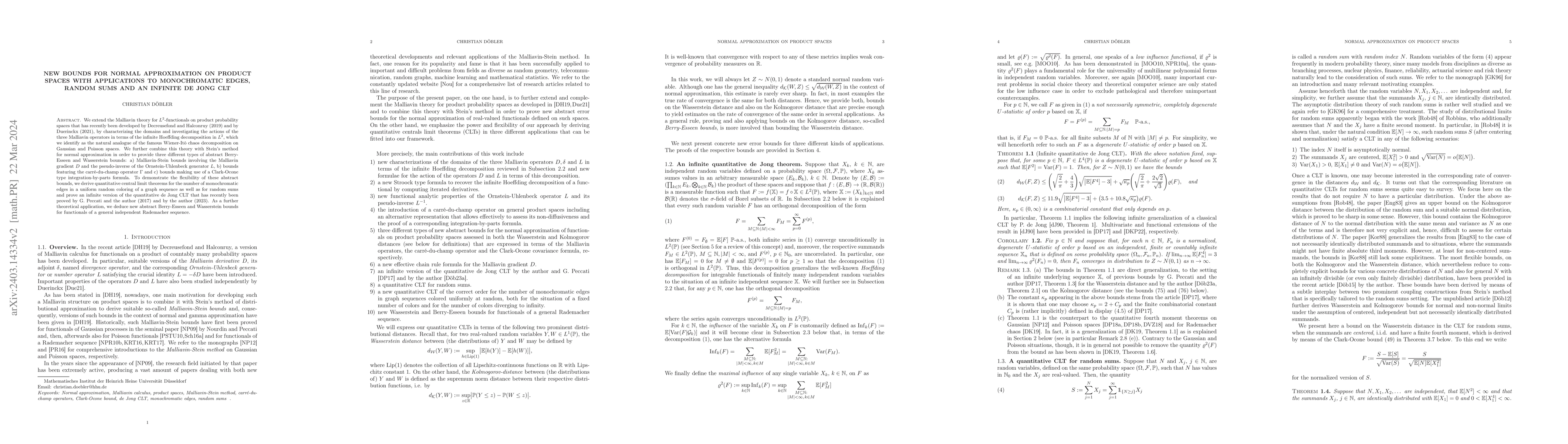 Thumbnail for New bounds for normal approximation on product spaces with applications
  to monochromatic edges, random sums and an infinite de Jong CLT