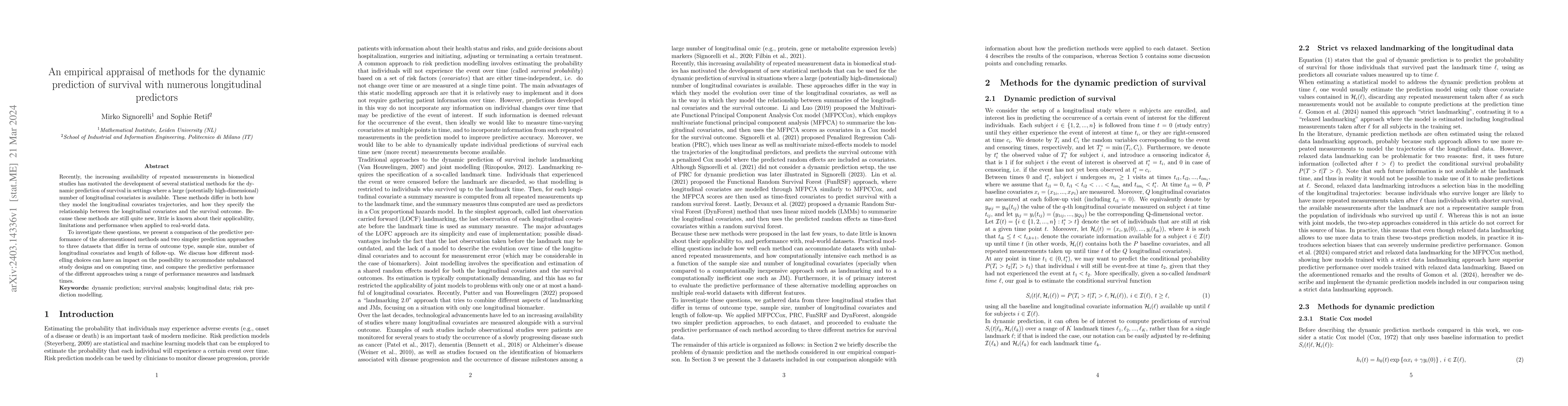 Thumbnail for An empirical appraisal of methods for the dynamic prediction of survival
  with numerous longitudinal predictors