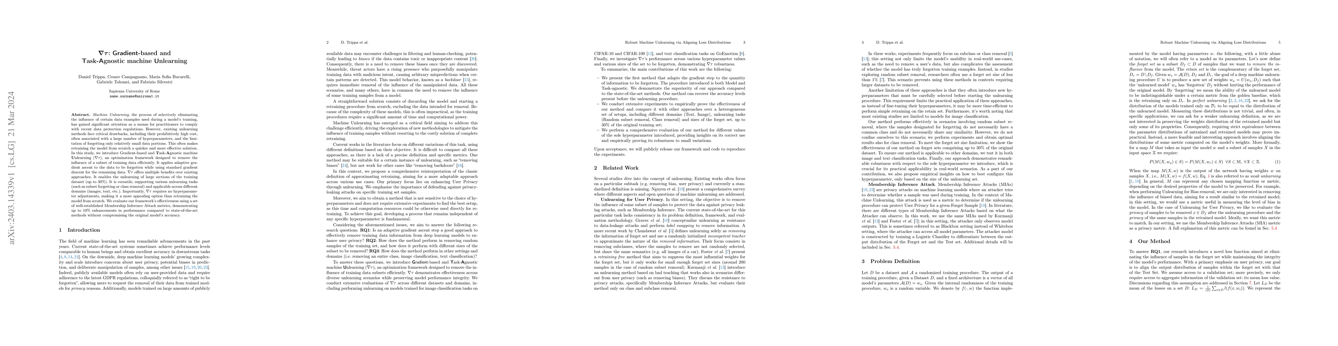 Thumbnail for $\nabla \tau$: Gradient-based and Task-Agnostic machine Unlearning