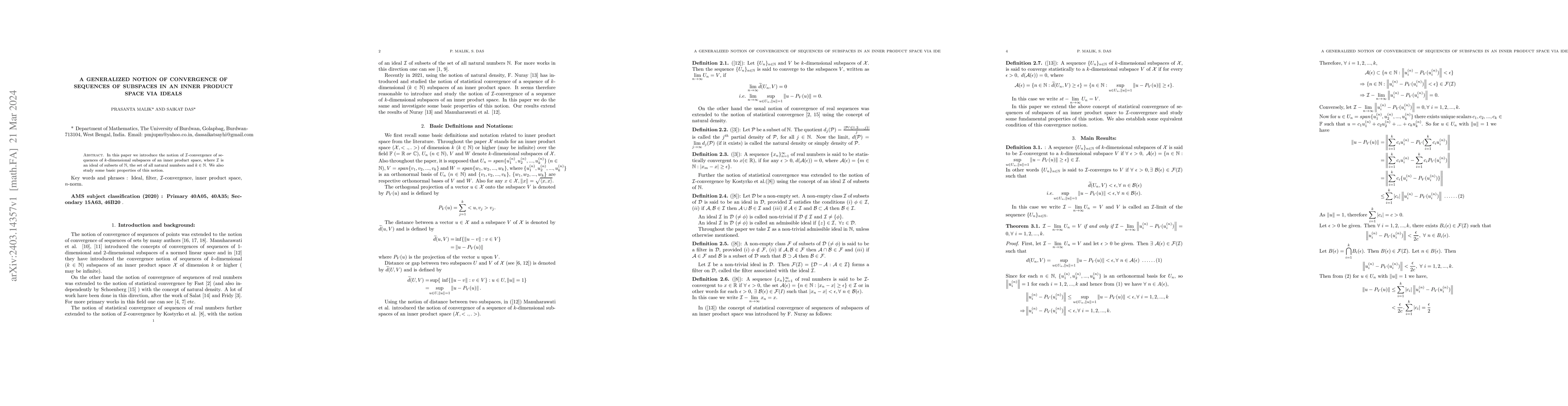 Thumbnail for A generalized notion of convergence of sequences of subspaces in an
  inner product space via ideals