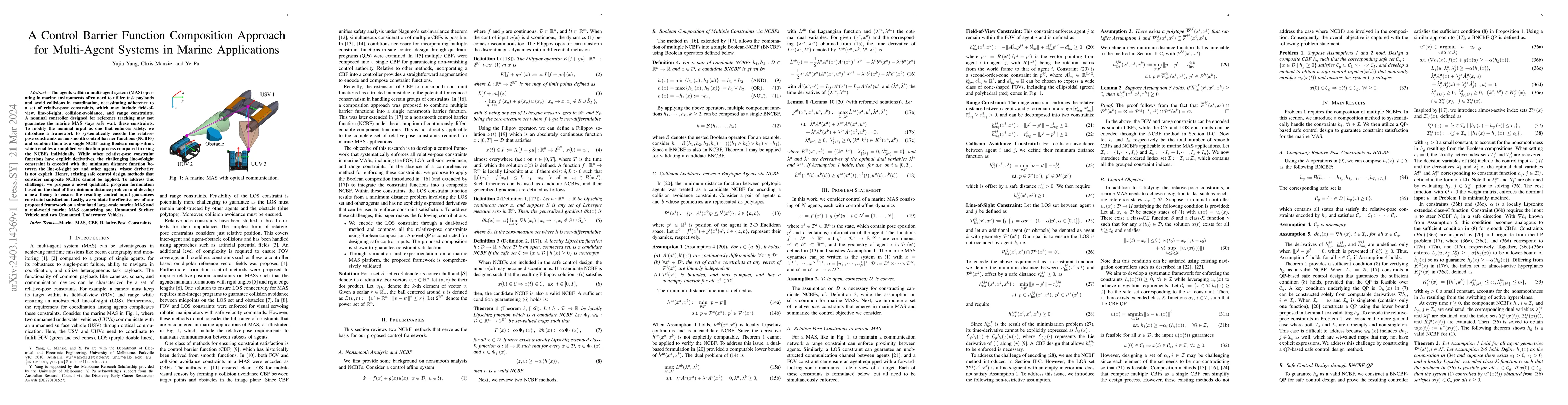 Thumbnail for A Control Barrier Function Composition Approach for Multi-Agent Systems
  in Marine Applications