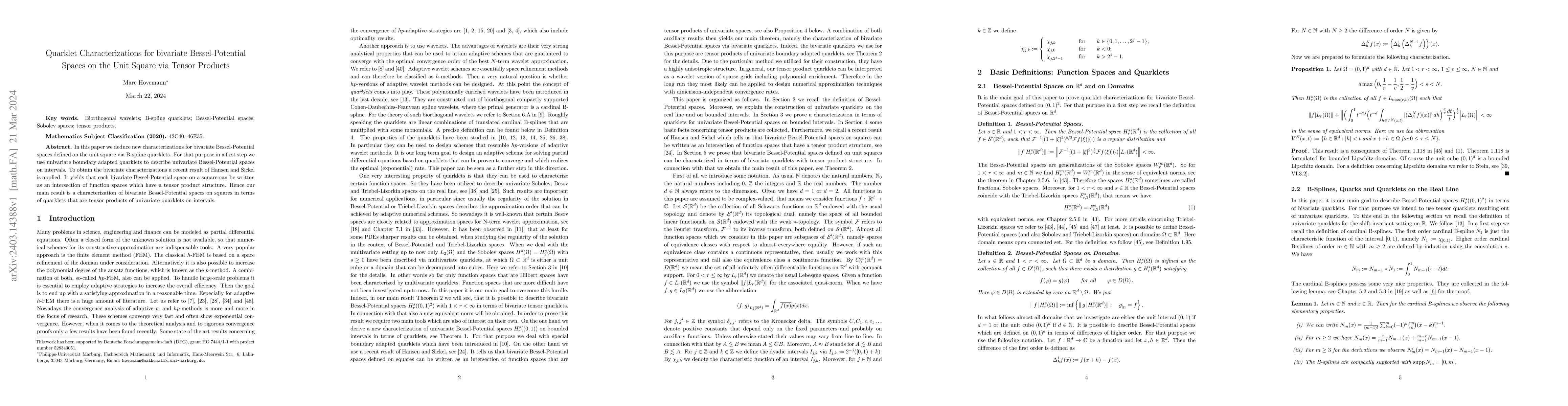 Thumbnail for Quarklet Characterizations for bivariate Bessel-Potential Spaces on the
  Unit Square via Tensor Products