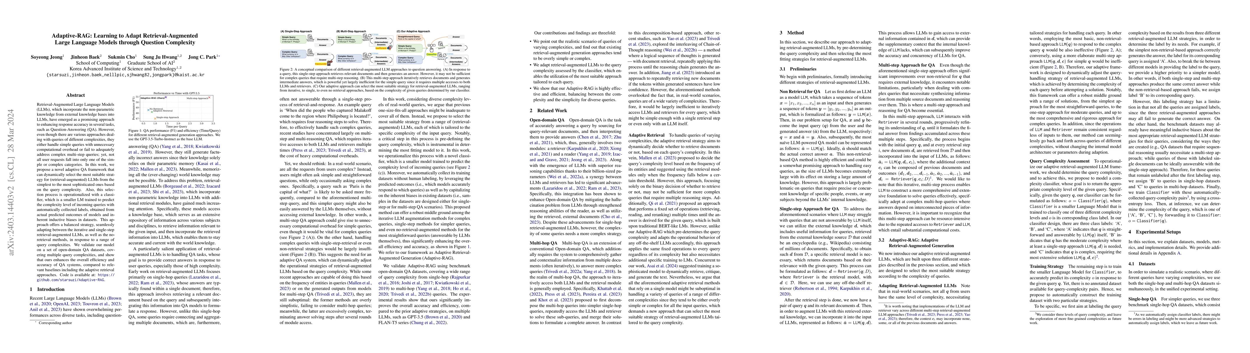 Thumbnail for Adaptive-RAG: Learning to Adapt Retrieval-Augmented Large Language
  Models through Question Complexity