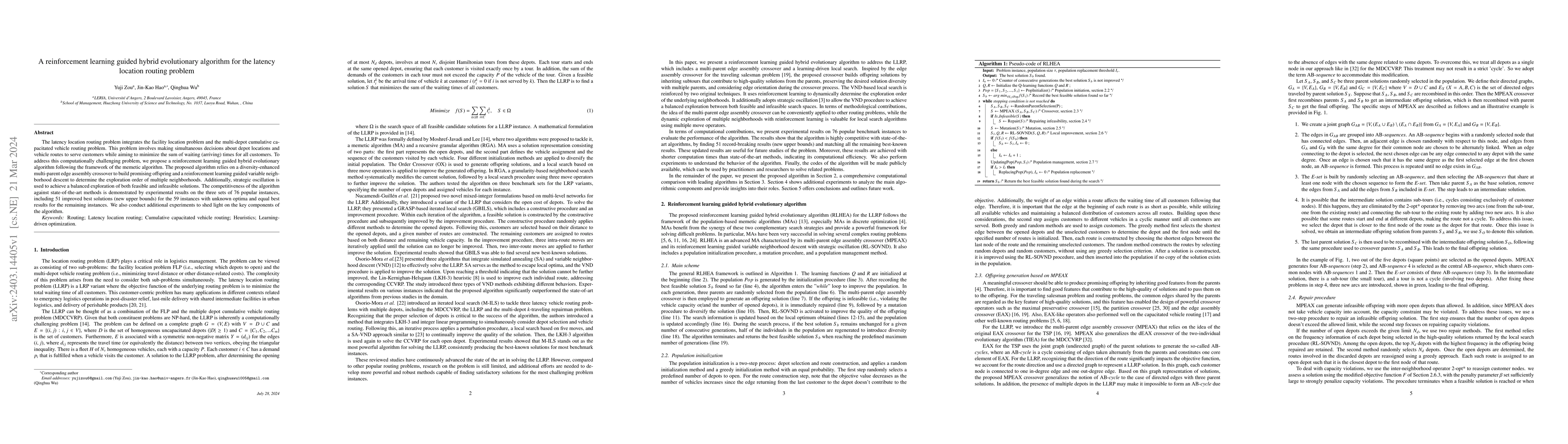 Thumbnail for A reinforcement learning guided hybrid evolutionary algorithm for the
  latency location routing problem