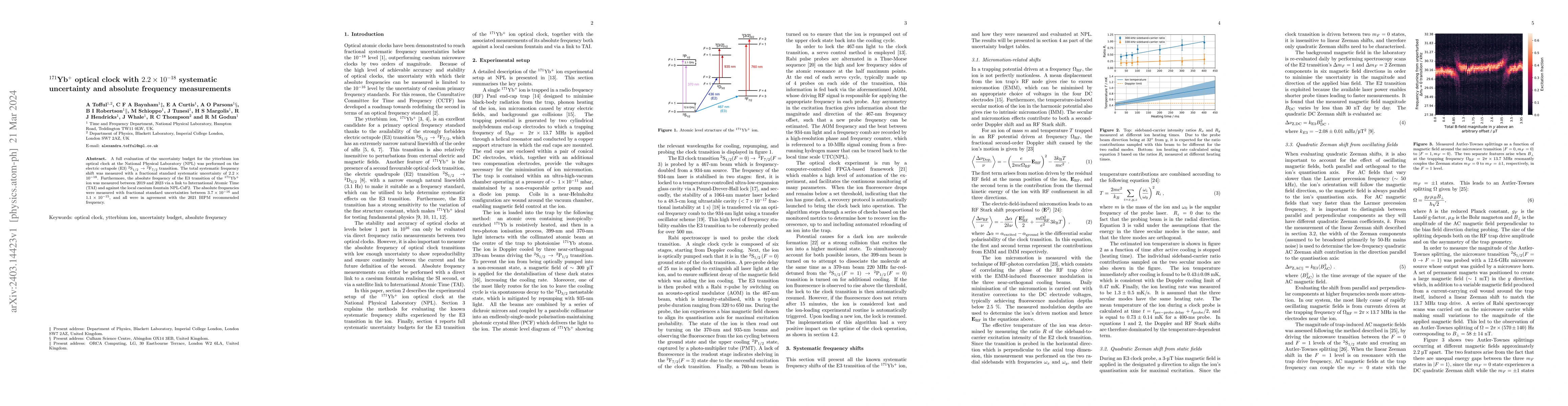 Thumbnail for $^{171}$Yb$^+$ optical clock with $2.2\times 10^{-18}$ systematic
  uncertainty and absolute frequency measurements