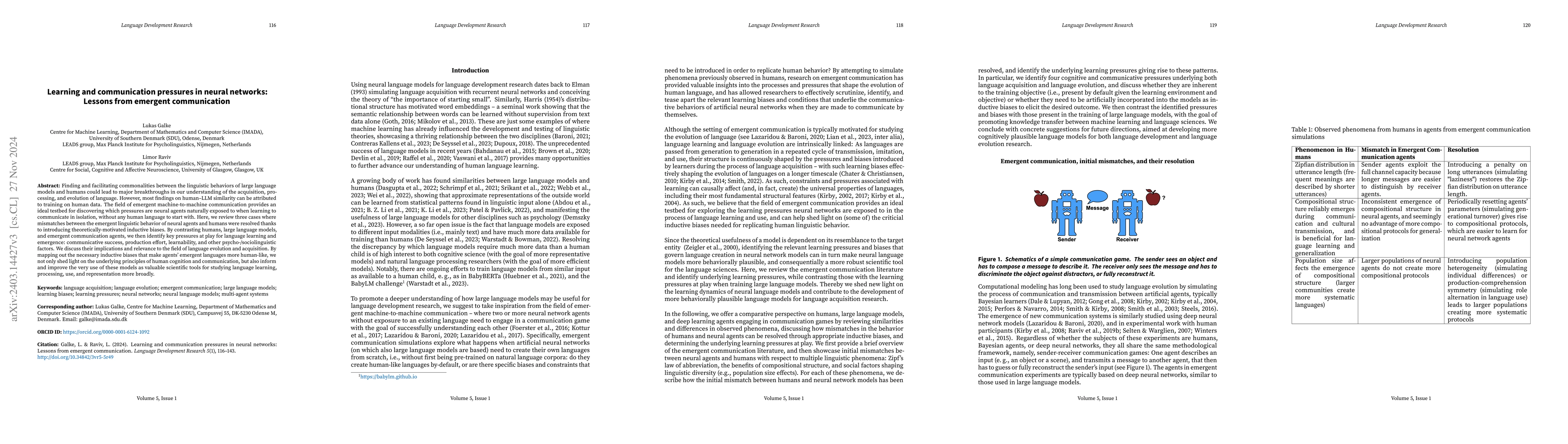 Thumbnail for Emergent communication and learning pressures in language models: a
  language evolution perspective