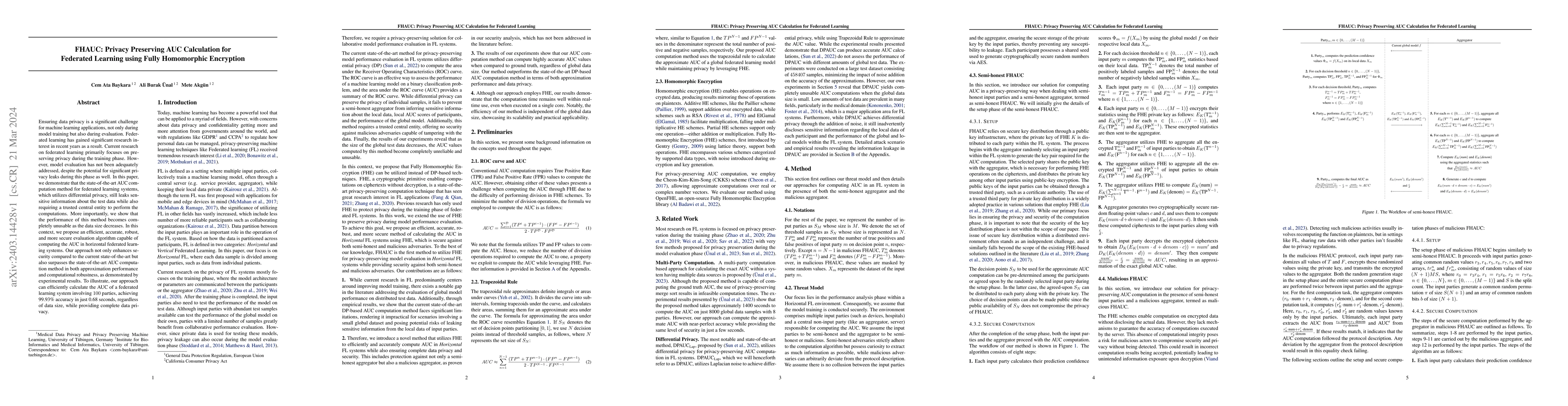Thumbnail for FHAUC: Privacy Preserving AUC Calculation for Federated Learning using
  Fully Homomorphic Encryption