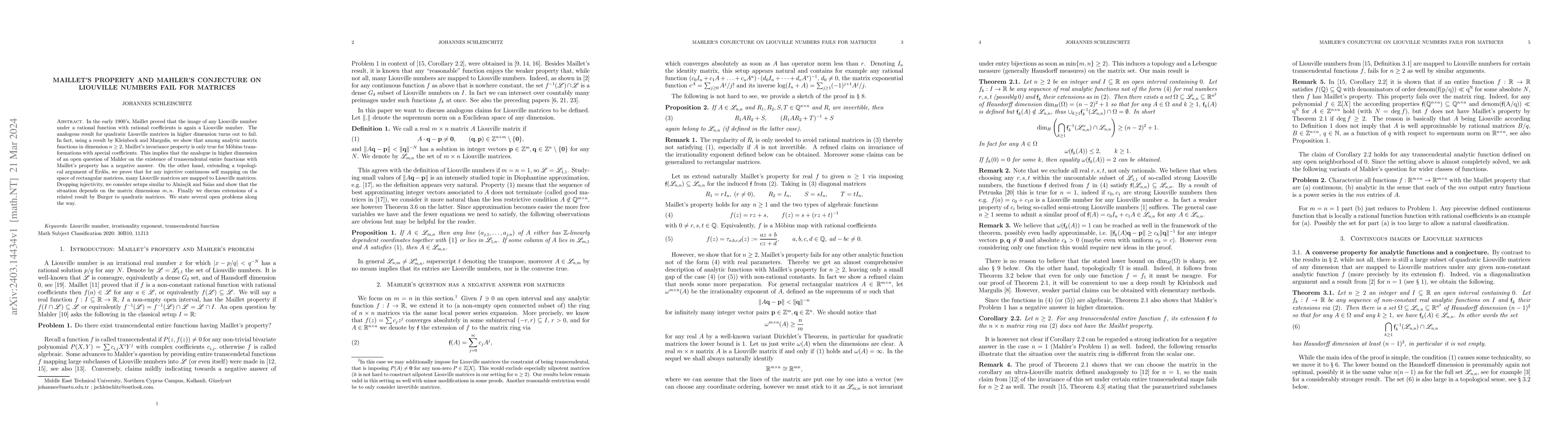Thumbnail for Maillet's property and Mahler's Conjecture on Liouville numbers fail for
  matrices