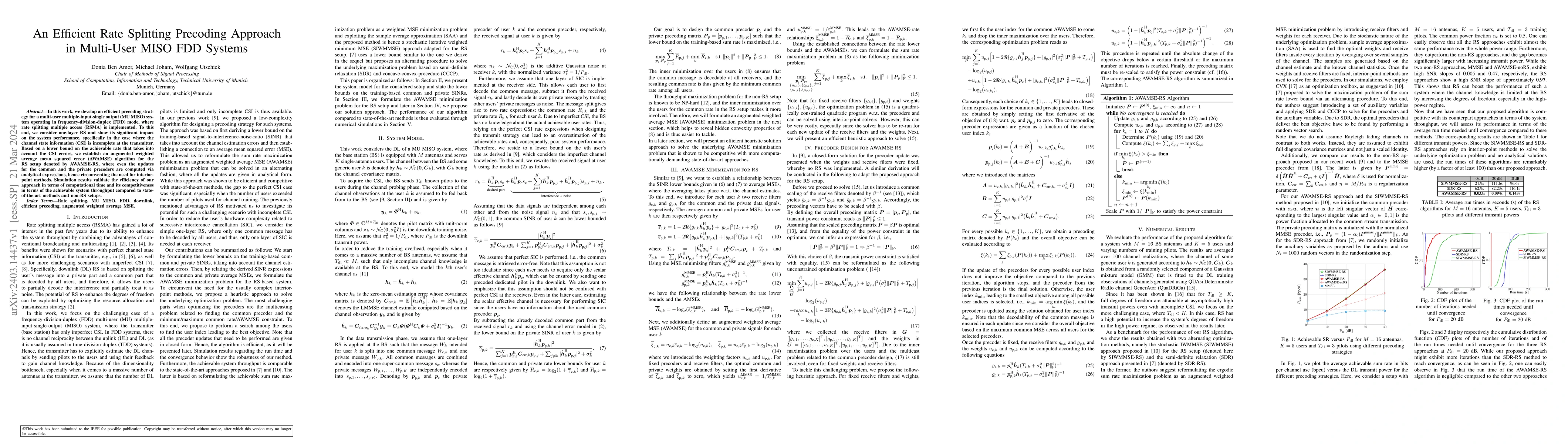 Thumbnail for An Efficient Rate Splitting Precoding Approach in Multi-User MISO FDD
  Systems