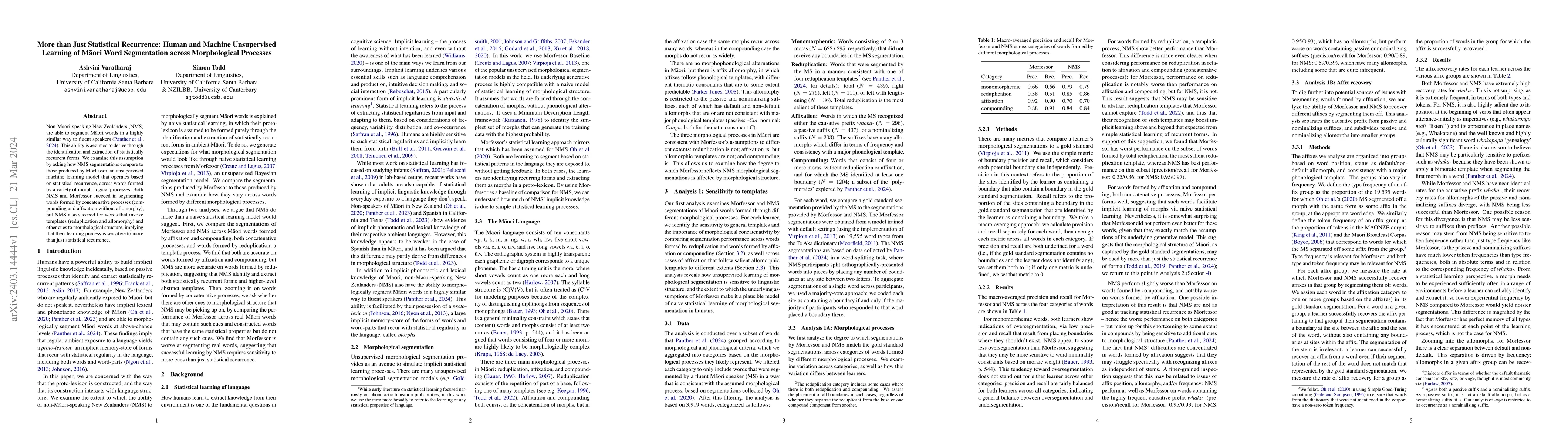 Thumbnail for More than Just Statistical Recurrence: Human and Machine Unsupervised
  Learning of M\=aori Word Segmentation across Morphological Processes