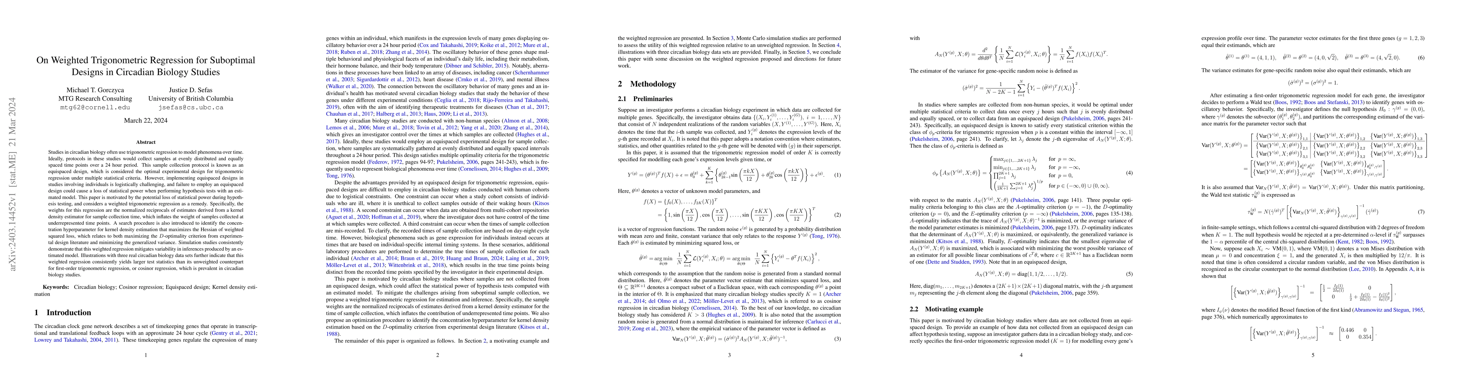 Thumbnail for On Weighted Trigonometric Regression for Suboptimal Designs in Circadian
  Biology Studies