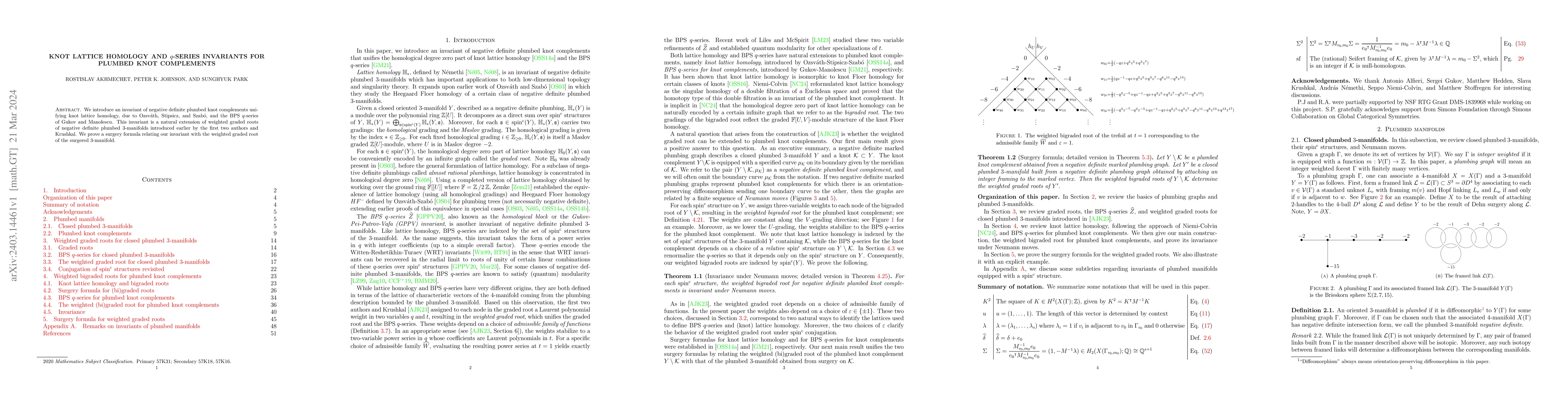 Thumbnail for Knot lattice homology and $q$-series invariants for plumbed knot
  complements