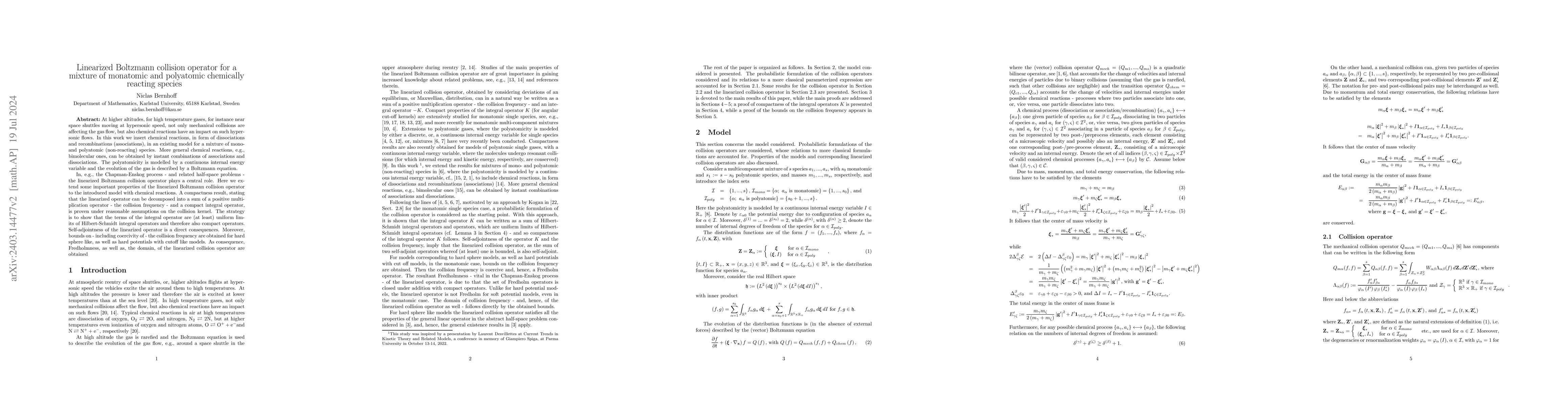 Thumbnail for Linearized Boltzmann collision operator for a mixture of monatomic and
  polyatomic chemically reacting species