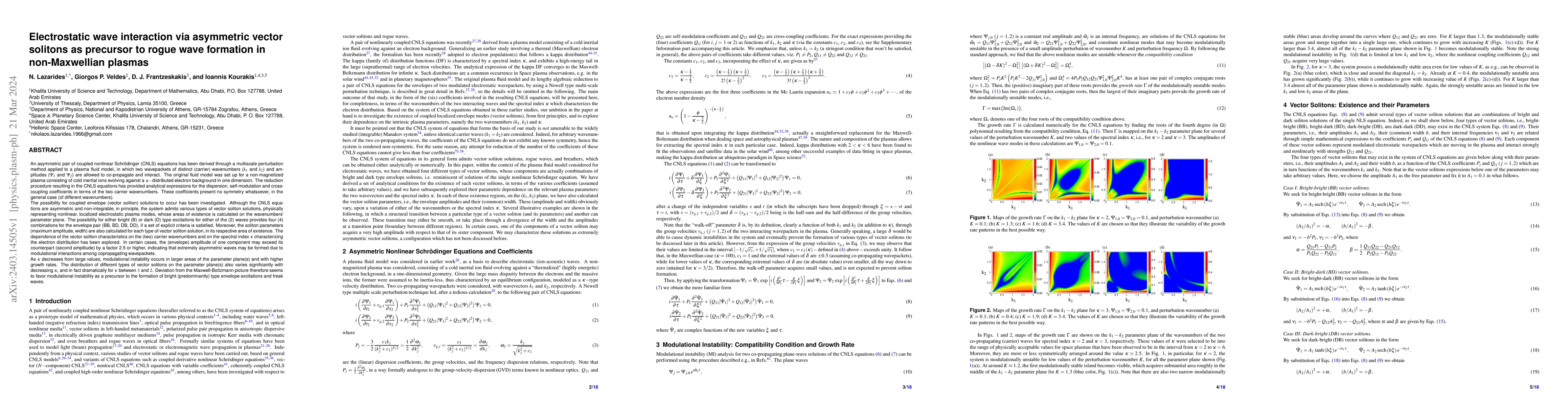 Thumbnail for Electrostatic wave interaction via asymmetric vector solitons as
  precursor to rogue wave formation in non-Maxwellian plasmas
